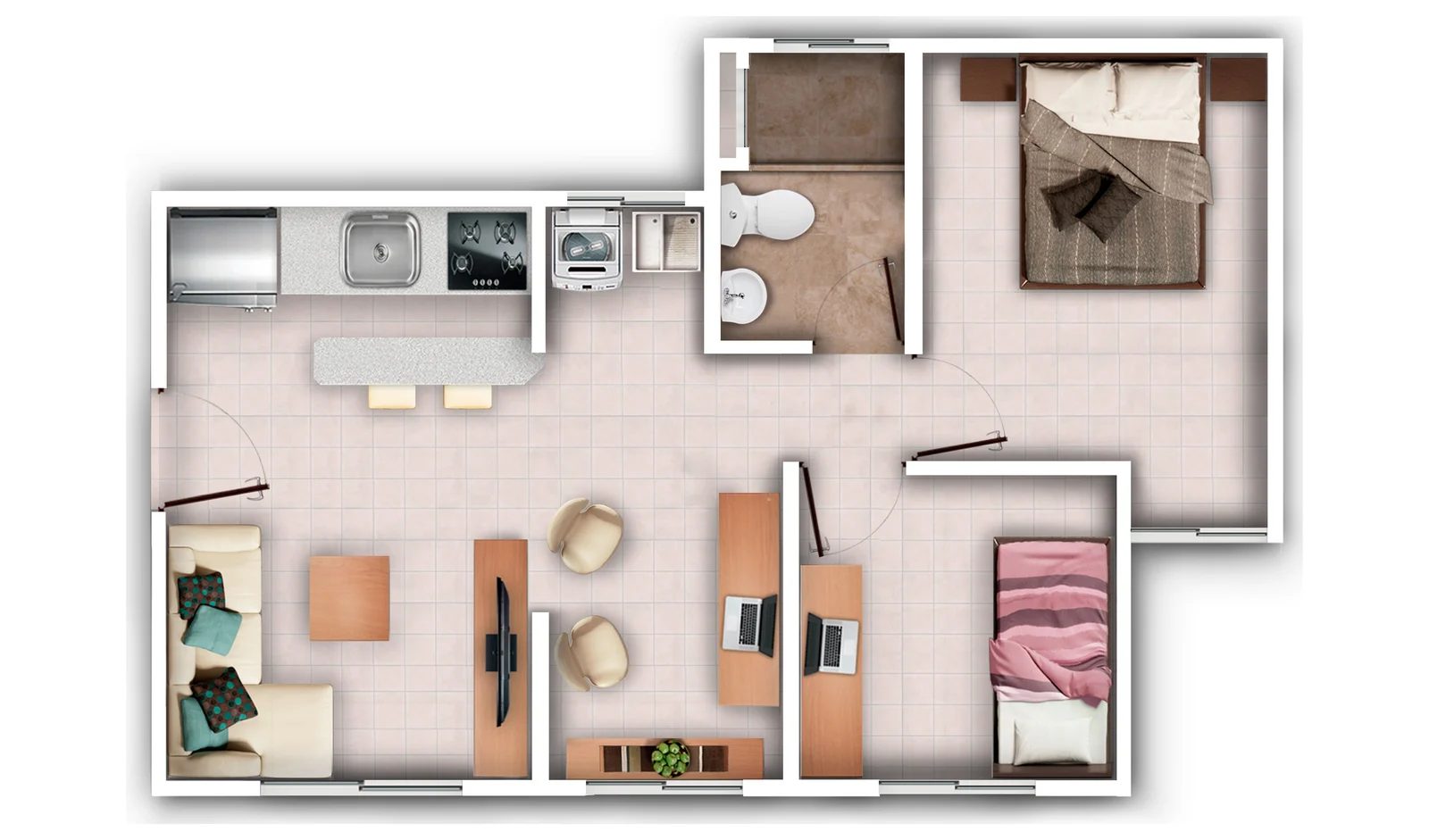 Plano del apartamento terminado con 2 alcobas y estudio
