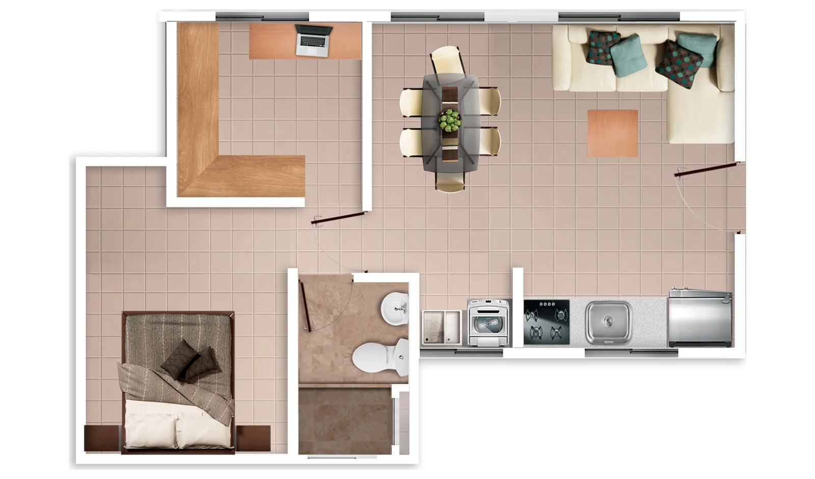 Plano del apartamento terminado como apartaestudio con vestier: alcoba integrada, vestier en L, sala comedor, cocina y baño
