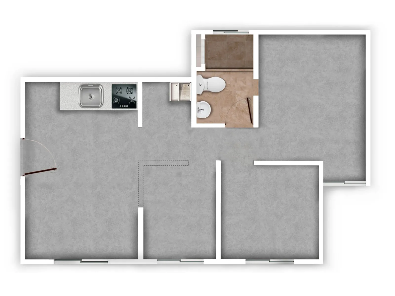 Plano del apartamento en obra gris, tal como se entrega